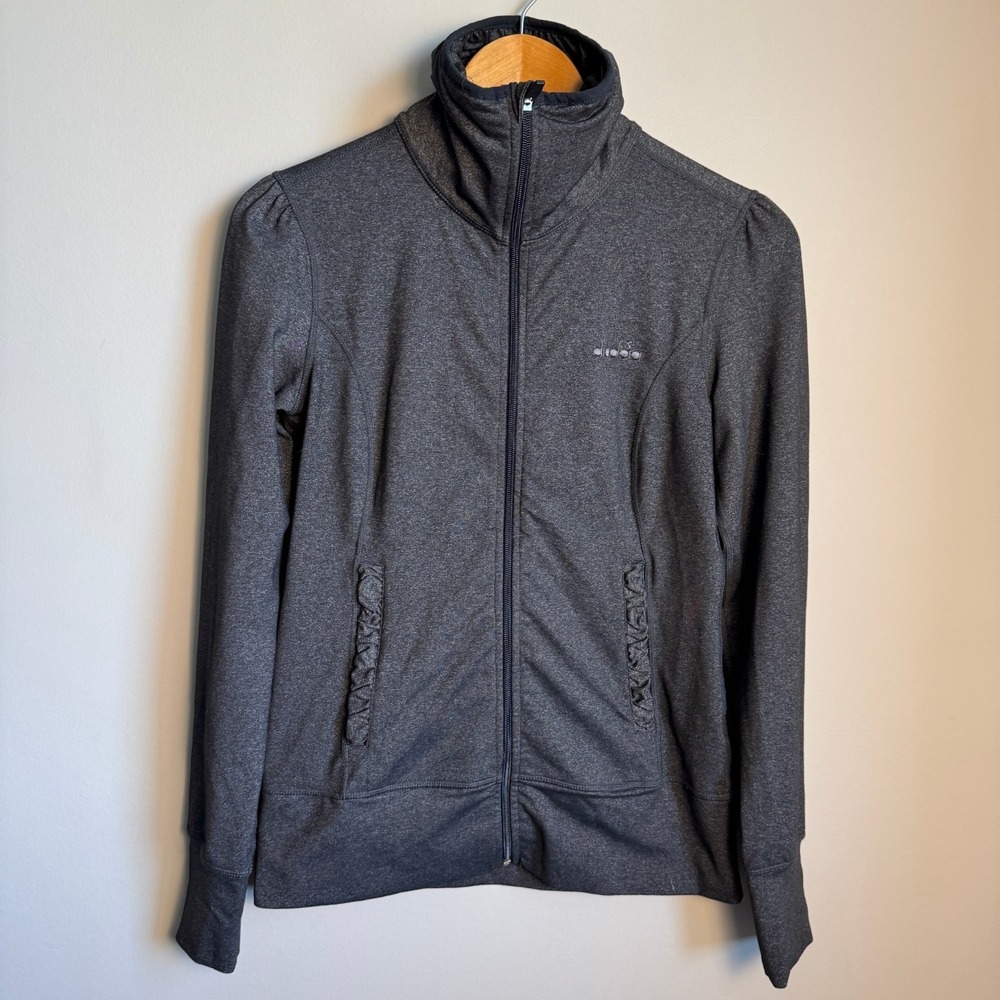 Diadora Womens‎ Ruffle Collar Long Sleeve Athletic Zip Jacket Gray Small Pockets